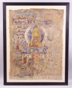A FRAMED AND GLAZED TIBETAN THANGKA, overall size 92cm x 72cm.