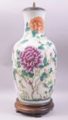 A LARGE CHINESE FAMILLE VERTE PORCELAIN VASE, fitted to a wooden base and lamped, 52cm high