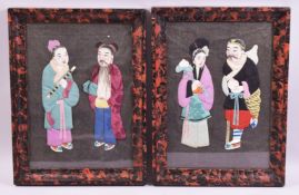 A PAIR OF CHINESE SILKWORK AND PAINTED PAPER PICTURES, each depicting a male and female figure in