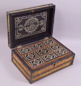 AN ANGLO INDIAN EBONY AND BONE INLAID PORCUPINE QUILL BOX, the interior with a lift out tray