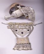 A MIXED LOT OF ISLAMIC METAL ITEMS; A GOOD ISLAMIC JAMBIYA DAGGER with sheath and strap, together