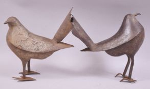 TWO 19TH CENTURY PERSIAN QAJAR STEEL MODELS OF BIRDS, each approx. 20cm long.