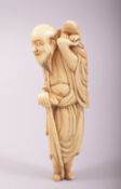AN 18TH CENTURY CARVED IVORY SASHI NETSUKE of a sage holding a frog aloft, 9cm long.