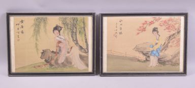 A PAIR OF JAPANESE PAINTINGS ON SILK, each depicting a seated female figure beneath a tree, with