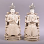 TWO SUPERB CARVED IVORY FIGURES OF A SEATED EMPEROR AND EMPRESS, the emperor sat upon a carved ivory