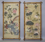 A LARGE PAIR OF 20TH CENTURY CHINESE PAINTINGS OF BIRDS and native flora, both within a bamboo frame