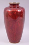 A JAPANESE GINBARI CLOISONNE VASE, possibly Ando, the foil with transparent red enamel overlay