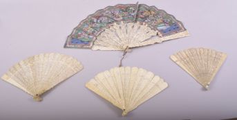 FOUR 19TH CENTURY CHINESE CANTON CARVED IVORY FANS, one painted with multiple figures with ivory