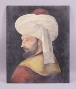 A TURKISH OTTOMAN HEAD AND SHOULDERS PORTRAIT OF A SULTAN, oil on board, unframed, 51cm x 41cm.
