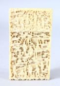 A GOOD CHINESE CANTON CARVED IVORY CARD CASE, carved with figures in a busy landscape, 9.5cm x 5.