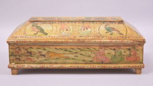 AN INDIAN ISLAMIC RECTANGULAR SECTIONAL BONE PEN BOX AND COVER, the exterior painted with hunting