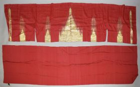AN ISLAMIC GILT THREAD DECORATED RED CLOTH CEREMONIAL CAPE, together with a similar scarf (2).