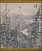 A CHINESE SCROLL PAINTING A PINE FOREST with a mountainous lake in the distance, calligraphy and