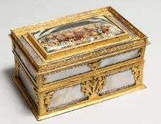 A SUPERB PALAIS ROYALE GILT METAL AND MOTHER OF PEARL VANITY BOX, the top with dried flowers opening