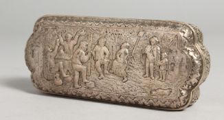 AN 18TH CENTURY DUTCH SILVER OBLONG BOX, the lid with a bacchanalian scene. 5.25ins long. London