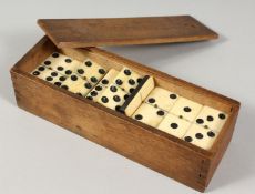 A SET OF EBONY AND BONE DOMINOES in a box. 1.875ins long.