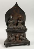 A CHINESE BRONZE DOUBLE BUDDHA FIGURE, 8.5ins high.
