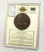 A FRAMED AND GLAZED WW1 BRONZE MEMORIAL DEATH PLAQUE or 