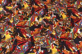 A SALVATORE FERRAGAMO SILK SCARF, multi coloured, reds, blue, yellow etc with shoes. 48ins x 68ins