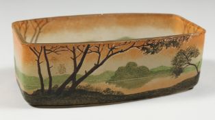 A LEGROS CAMEO GLASS RECTANGULAR BOWL with a lake scene and trees, signed. 7.5ins long.