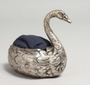 A CONTINENTAL SILVER .800 SWAN PIN CUSHION. 3.5ins