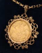A GEORGE V FULL SOVEREIGN, 1911. in a mount on a chain