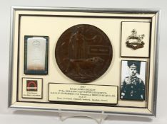 A FRAMED AND GLAZED WW1 BRONZE MEMORIAL DEATH PLAQUE or 
