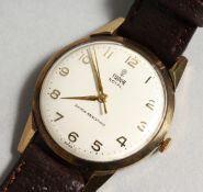 A GENTLEMAN'S GOLD TUDOR ROYAL SHOCK RESISTANCE WRIST WATCH with leather strap, in a Tudor box.