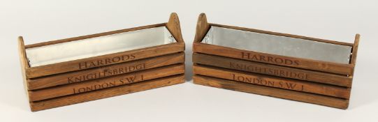 A SMALL PAIR OF 'HARRODS' WOODEN BOXES with tin liners, 13ins long.