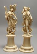 A SUPERB PAIR OF 19TH CENTURY EUROPEAN CARVED IVORY FIGURES on circular pedestals of a DANDY and a