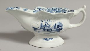 AN 18TH CENTURY WORCESTER SILVER, SHAPED SAUCEBOAT painted with the triangular platform and