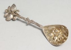 A VICTORIAN CAST SILVER LEAF DESIGN SPOON. London 1848.