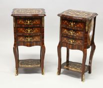 A PAIR OF FRENCH STYLE INLAID THREE DRAWER BEDSIDE TABLES on curving legs. 2ft 6ins high.