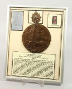 A FRAMED AND GLAZED WW1 BRONZE MEMORIAL DEATH PLAQUE or 