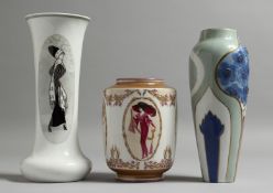 A ROSENTHAL SPILL VASE, a long oval of a young girl, 8.5ins long. A LIMOGES VASE, panels of