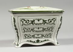 A ROYAL DOULTON PORCELAIN THREE DRAWER CHEST, the lid painted with Simple Simon, met a pie man going