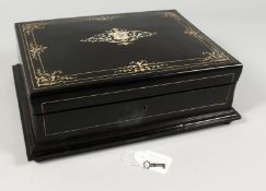 A VERY GOOD VICTORIAN IVORY INLAID EBONY GAMES BOX, with playing cards and counters.