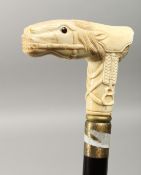 A CARVED BONE HANDLED WALKING STICK, horse's head and bridle. 37ins long