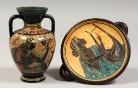 A GREEK TWO HANDLED POTTERYTAZZA, 5ins diameter and a VASE, 5ins diameter. (2).