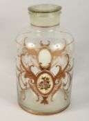 A RARE VICTORIAN LARGE GLASS SWEET JAR AND COVER painted with scrolls and flowers.