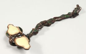 A BRONZE AND JADE RUI SEPTRE. 10ins long