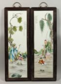 A PAIR OF FRAMED CHINESE PORCELAIN LONG TILES, 28ins x 80ins