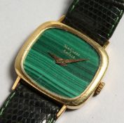 AN 18CT GOLD MALACHITE DIAL VAN CLEEF WRIST WATCH, with leather strap.
