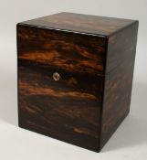 A VICTORIAN COROMANDEL CASED DECANTER BOX with three cut glass square decanters. 8ins wide.