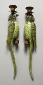 A GOOD PAIR OF PORCELAIN PARROT WALL SCONCES.