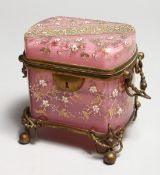 A GOOD 19TH CENTURY MOSER GLASS AND GILT METAL CASKET enamelled with flowers. 4ins wide.