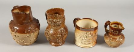 FOUR PIECES OF SALTGLAZE, three jugs and a mug.