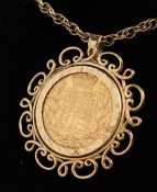 A VICTORIAN YOUNG HEAD SHIELD BACK FULL SOVEREIGN, 1845, in a mount on a chain.