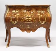 A GOOD LOUIS XVITH DESIGN INLAID TWO DRAWER SEPENTINE FRENCH COMMODE on curving legs. 3ft 3ins