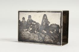 A RUSSIAN SILVER AND NIELLO MATCH BOX COVER with a horse and sleigh. 2.25ins x 1.5ins.